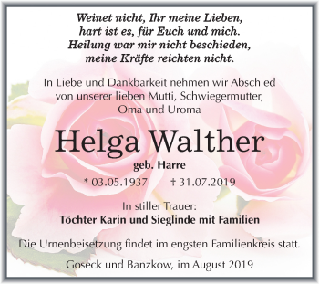 Traueranzeige von Helga Walther von Wochenspiegel Weißenfels