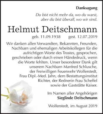 Traueranzeige von Helmut Deitschmann von Super Sonntag Sangerhausen