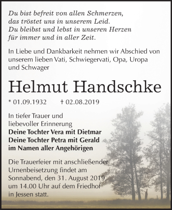 Traueranzeige von Helmut Handschke von Super Sonntag Wittenberg