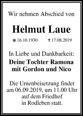 Traueranzeige von Helmut Laue von Mitteldeutsche Zeitung Dessau-Roßlau