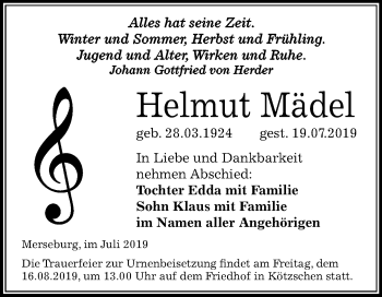 Traueranzeige von Helmut Mädel von Super Sonntag Merseburg/Querfurt