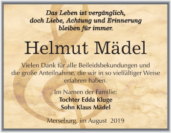 Traueranzeige von Helmut Mädel von Super Sonntag Merseburg/Querfurt