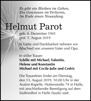 Traueranzeige von Helmut Parot von Mitteldeutsche Zeitung Halle/Saalkreis