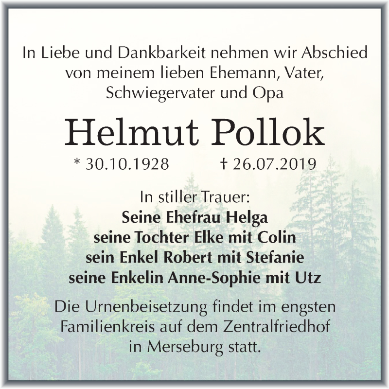  Traueranzeige für Helmut Pollok vom 03.08.2019 aus Mitteldeutsche Zeitung Merseburg/Querfurt
