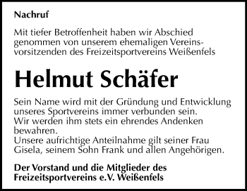 Traueranzeige von Helmut Schäfer von Mitteldeutsche Zeitung Weißenfels