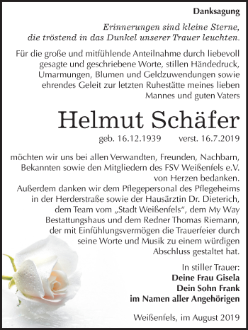 Traueranzeige von Helmut Schäfer von Wochenspiegel Weißenfels