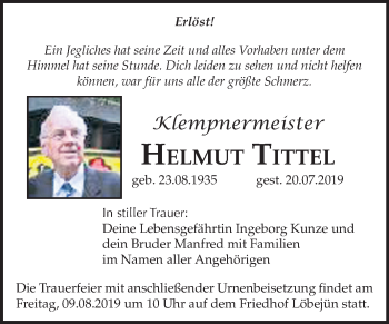 Traueranzeige von Helmut Tittel von Mitteldeutsche Zeitung Halle/Saalkreis