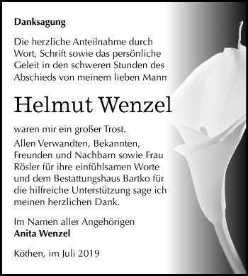 Traueranzeige von Helmut Wenzel von Super Sonntag Köthen