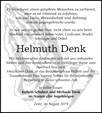 Traueranzeige von Helmuth Denk von Mitteldeutsche Zeitung Zeitz