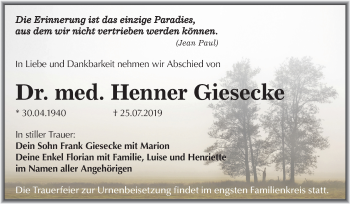 Traueranzeige von Henner Giesecke von Super Sonntag Merseburg/Querfurt