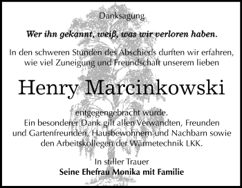 Traueranzeige von Henry Marcinkowski von Super Sonntag Quedlinburg