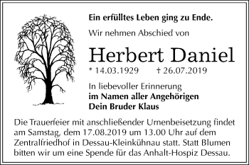 Traueranzeige von Herbert Daniel von Mitteldeutsche Zeitung Dessau-Roßlau