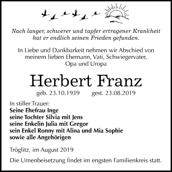 Traueranzeige von Herbert Franz von Super Sonntag Zeitz