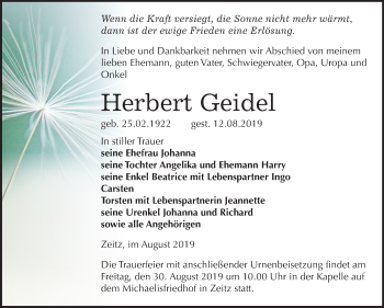 Traueranzeige von Herbert Geidel von Super Sonntag Zeitz