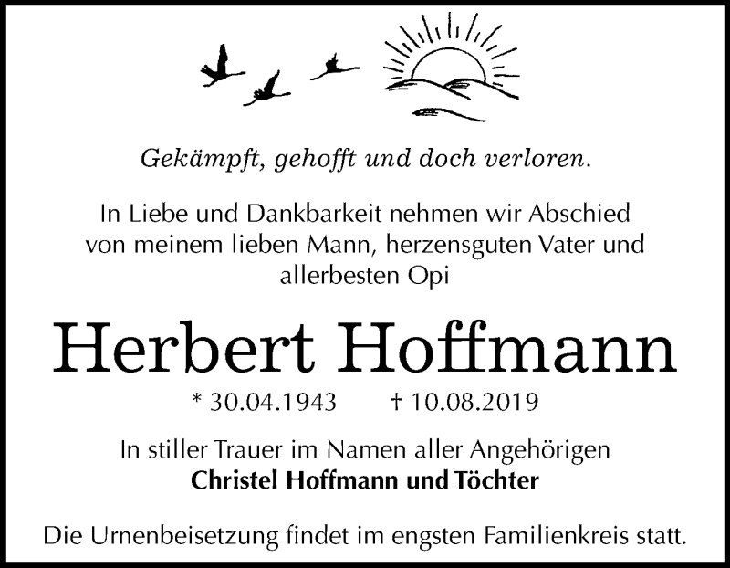  Traueranzeige für Herbert Hoffmann vom 17.08.2019 aus Super Sonntag Bernburg