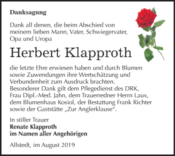 Traueranzeige von Herbert Klapproth von Super Sonntag Sangerhausen