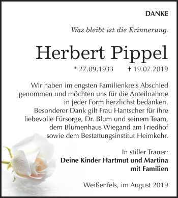 Traueranzeige von Herbert Pippel von Wochenspiegel Weißenfels