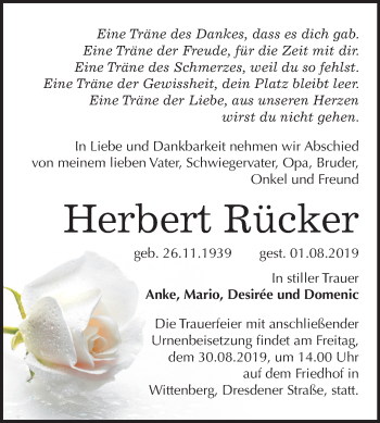 Traueranzeige von Herbert Rücker von Super Sonntag Wittenberg