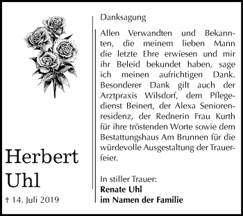 Traueranzeige von Herbert Uhl von Mitteldeutsche Zeitung Mansfelder Land
