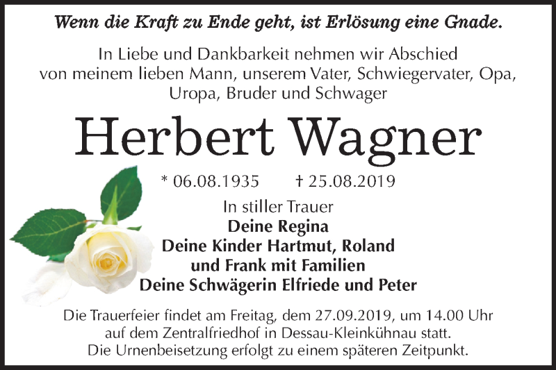  Traueranzeige für Herbert Wagner vom 31.08.2019 aus Super Sonntag Dessau-Roßlau