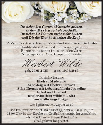 Traueranzeige von Herbert Wilde von Mitteldeutsche Zeitung Weißenfels