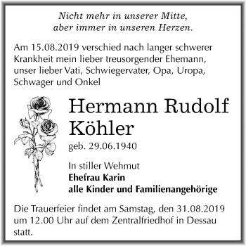 Traueranzeige von Hermann Rudolf Köhler von Wochenspiegel Dessau-Roßlau