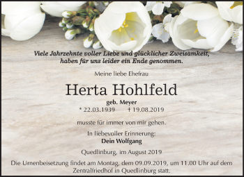 Traueranzeige von Herta Hohlfeld von Mitteldeutsche Zeitung Quedlinburg
