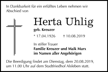 Traueranzeige von Herta Uhlig von Mitteldeutsche Zeitung Bernburg