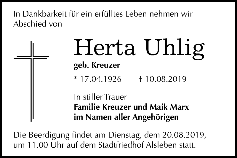  Traueranzeige für Herta Uhlig vom 17.08.2019 aus Super Sonntag Bernburg