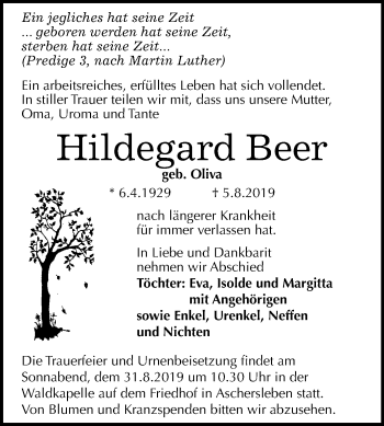 Traueranzeige von Hildegard Beer von Mitteldeutsche Zeitung Aschersleben