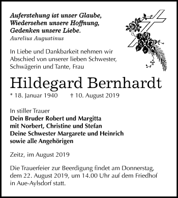 Traueranzeige von Hildegard Bernhardt von Super Sonntag Zeitz