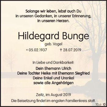 Traueranzeige von Hildegard Bunge von Mitteldeutsche Zeitung Zeitz