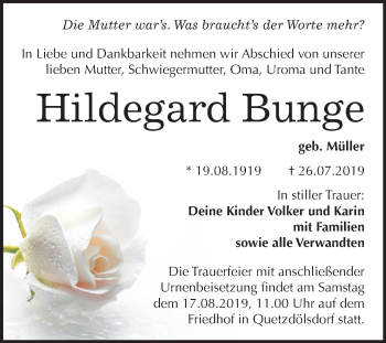 Traueranzeige von Hildegard Bunge von Mitteldeutsche Zeitung Bitterfeld