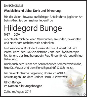 Traueranzeige von Hildegard Bunge von Mitteldeutsche Zeitung Zeitz