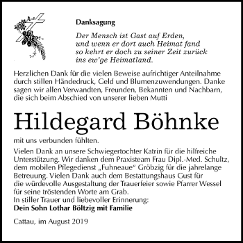 Traueranzeige von Hildegard Böhnke von Mitteldeutsche Zeitung Köthen