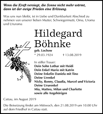 Traueranzeige von Hildegard Böhnke von Super Sonntag Köthen