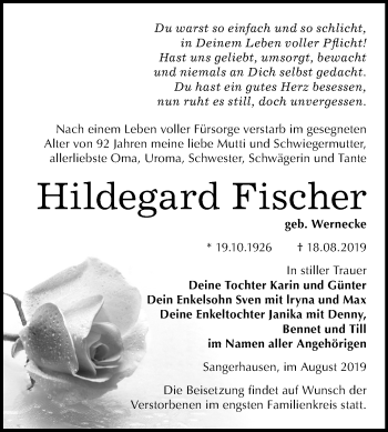 Traueranzeige von Hildegard Fischer von Mitteldeutsche Zeitung Sangerhausen