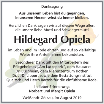 Traueranzeige von Hildegard Opiela von Mitteldeutsche Zeitung Köthen