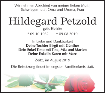 Traueranzeige von Hildegard Petzold von Mitteldeutsche Zeitung Zeitz