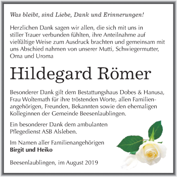 Traueranzeige von Hildegard Römer von Super Sonntag Bernburg