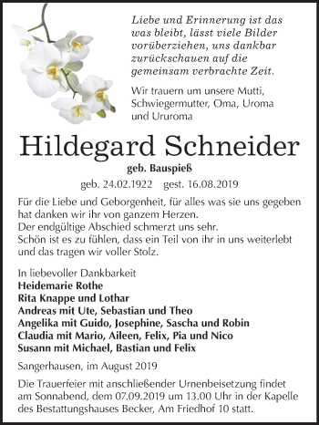 Traueranzeige von Hildegard Schneider von Mitteldeutsche Zeitung Sangerhausen