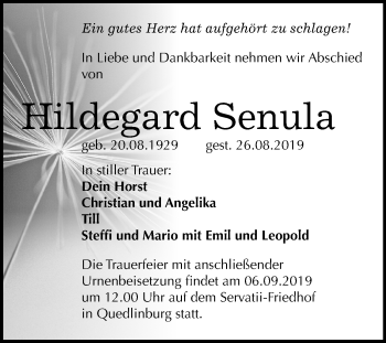 Traueranzeige von Hildegard Senula von Mitteldeutsche Zeitung Quedlinburg