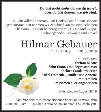 Traueranzeige von Hilmar Gebauer von Super Sonntag Merseburg/Querfurt