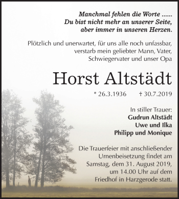 Traueranzeige von Horst Altstädt von Super Sonntag Quedlinburg