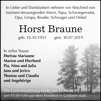 Traueranzeige von Horst Braune von Wochenspiegel Bitterfeld
