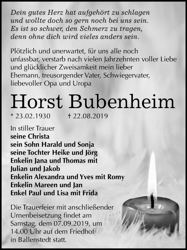  Traueranzeige für Horst Bubenheim vom 31.08.2019 aus Mitteldeutsche Zeitung Quedlinburg