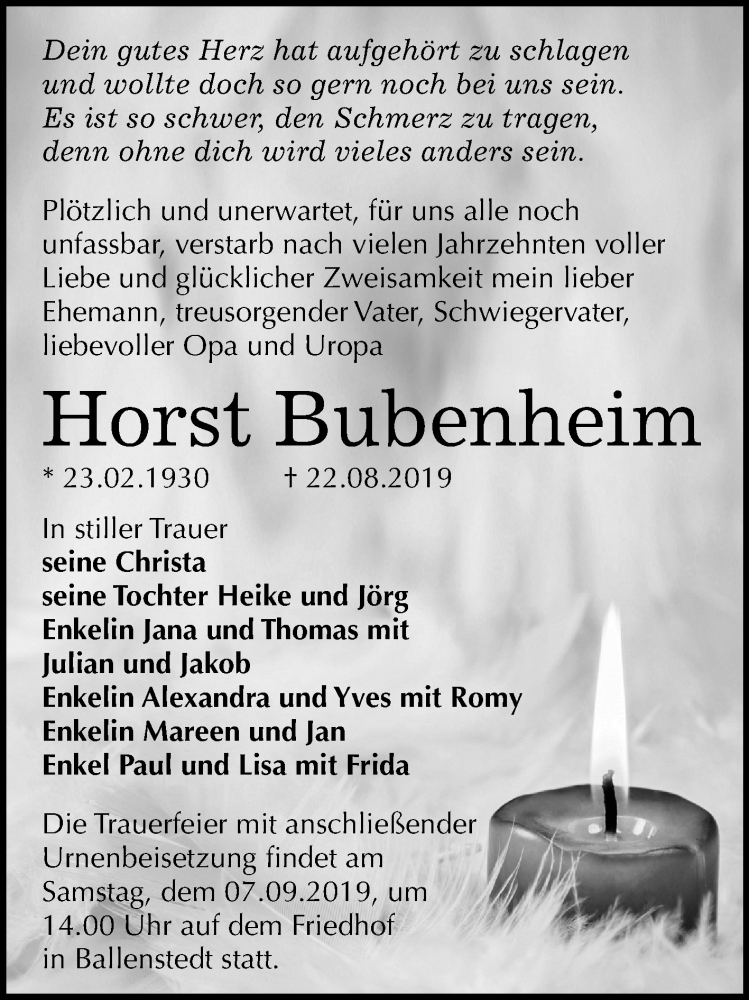  Traueranzeige für Horst Bubenheim vom 31.08.2019 aus Super Sonntag Quedlinburg