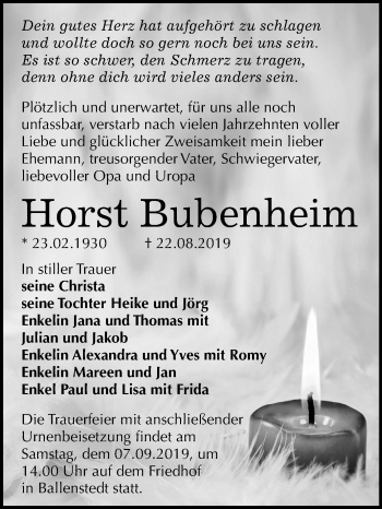 Traueranzeige von Horst Bubenheim von Super Sonntag Quedlinburg