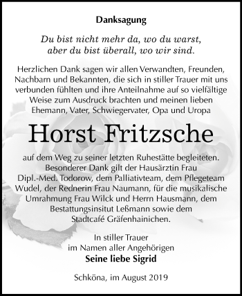 Traueranzeige von Horst Fritzsche von Mitteldeutsche Zeitung Wittenberg