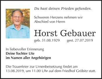 Traueranzeige von Horst Gebauer von Wochenspiegel Naumburg/Nebra